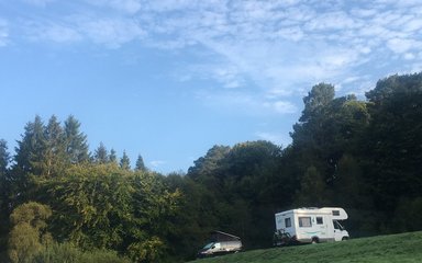 Carvans in a campsite with trees behind them