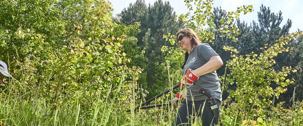 Woman volunteering, clearing forest shrubs 