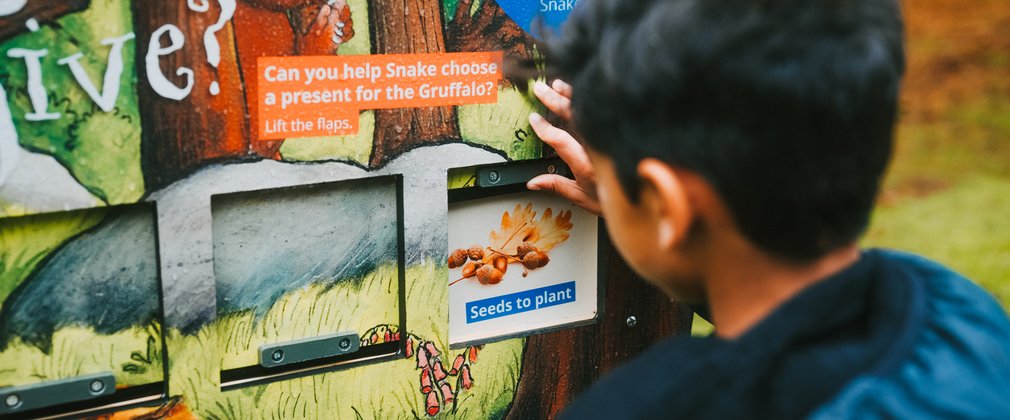 boy interacting with a Gruffalo activity panel