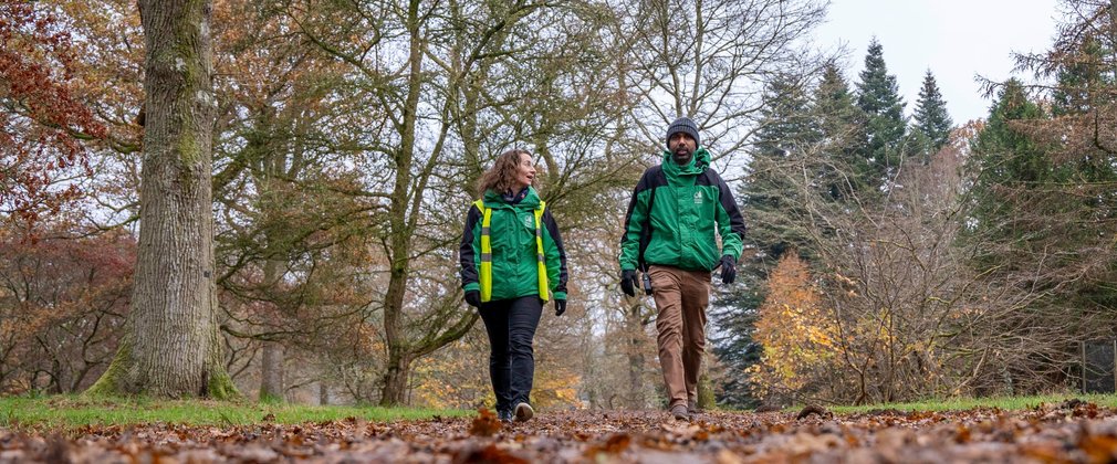 A man and woman wearing Forestry England uniform walking in the forest in autumn