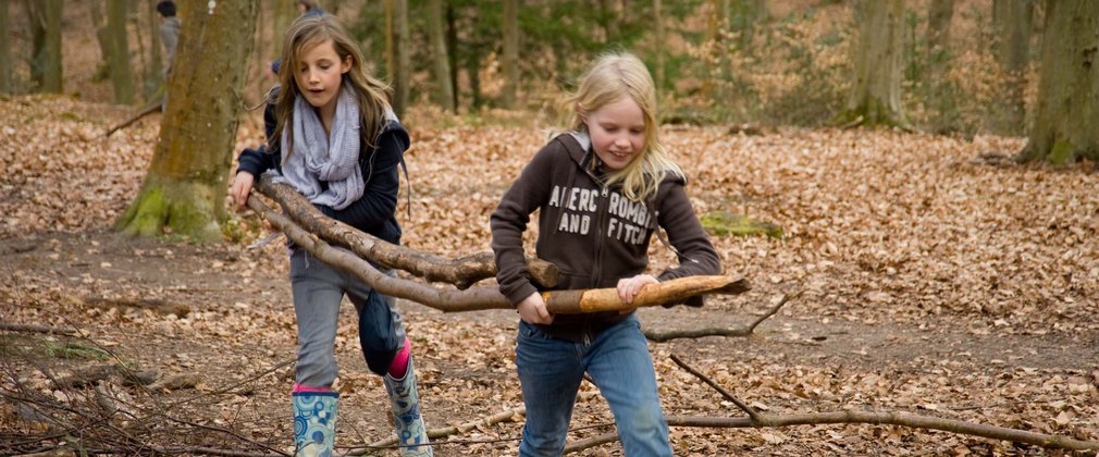 Two girls carrying branches to build a den in the woods 