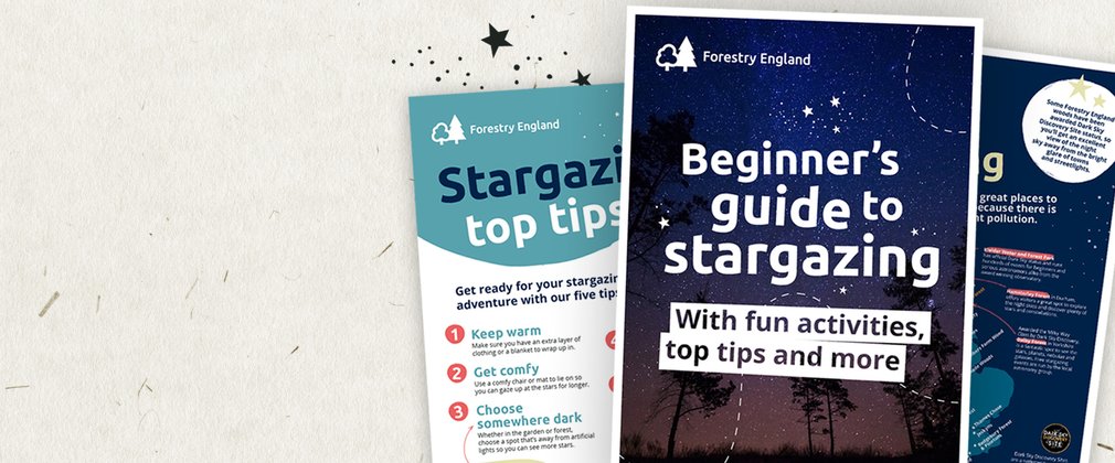 Pages of the Beginner's guide to stargazing surrounded by stars