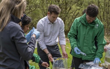 Four people outdoors undertaking conservation work at a table
