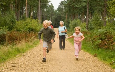 Children running woodland path, Whinlatter 