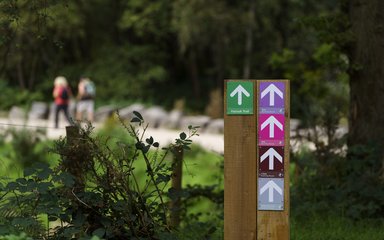 Way markers for walking routes in the foreground and two walkers in the background