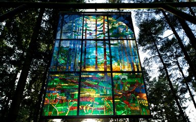 Stained glass hanging from trees