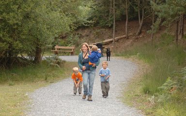Family walking on gravel path through forest
