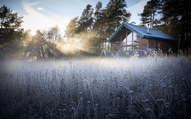 Forest Holidays cabin on a crisp winters day 