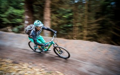 Mountain biker racing in Hamsterley Forest