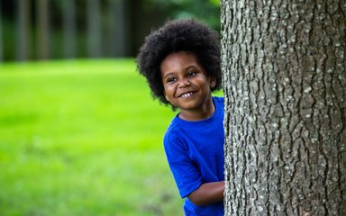 A young boy in a bright blue t-shirt pokes his head out from behind a tree trunk with a grin on his face.