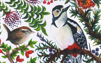 Drawing of birds on berry tree