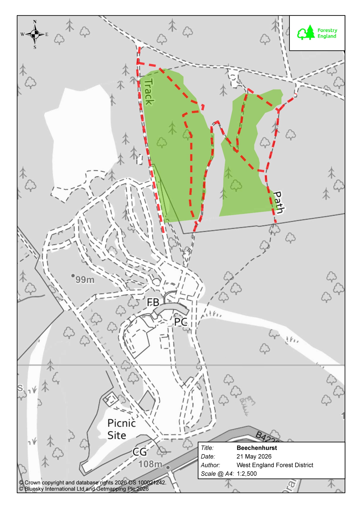 A map showing areas where harvesting operations will be taking place at Beechenhurst.