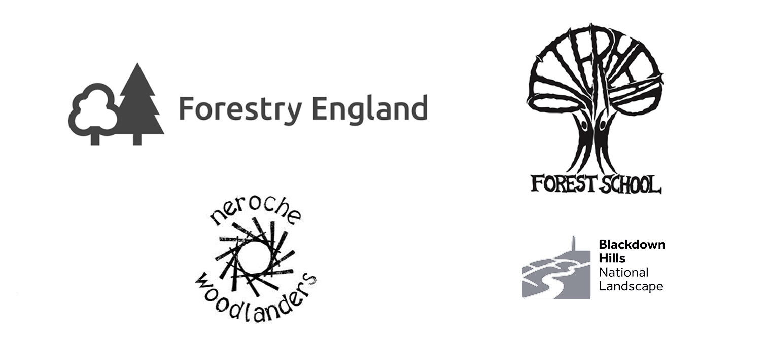 Logos of Forestry England, Neroche Woodlanders, Otterhead Forest School, and Blackdown Hills National Landscape