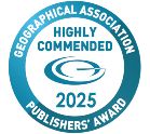 A circular blue and white award badge from the Geographical Association Publishers Award, stating 'highly commended 2025'.