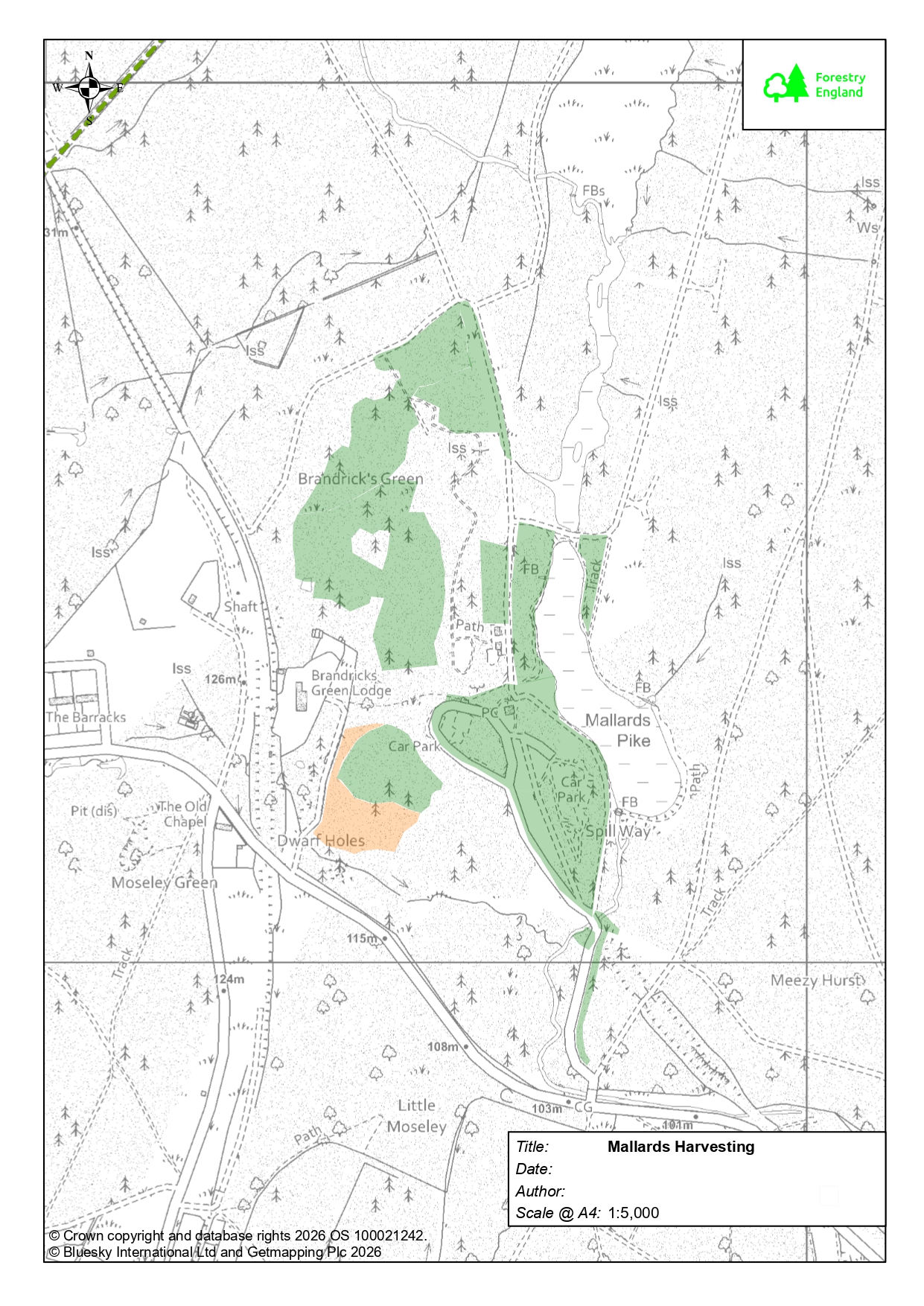A map depicting the areas where harvesting operations will be taking place at Mallards Pike in autumn 2026.