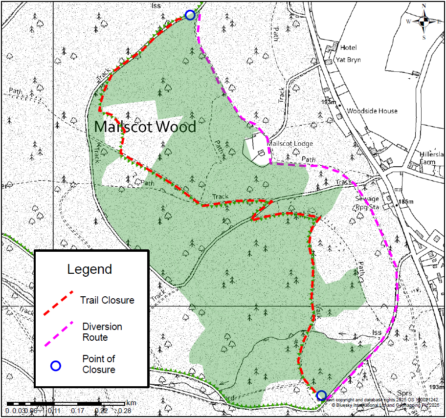 A map displaying the Mailscot Wood Trail diversion