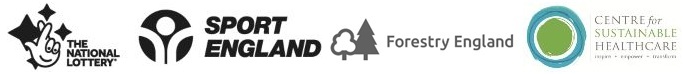 Four logos in a row, one each for The National Lottery, Sport England, Forestry England and the Centre for Sustainable Healthcare
