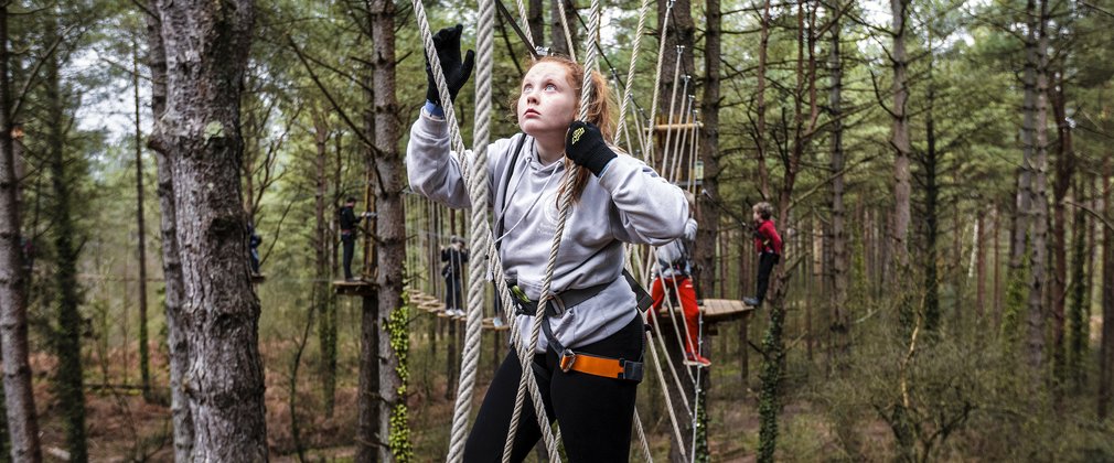 A child on the Go Ape Tree Top Adventure Plus at Moors Valley