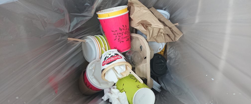 looking into a waste bin. Cups and brown paper bags fill the clear bin liner