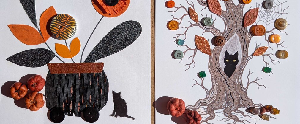 A pair of hand craft art images using buttons and felt, one image of a cauldron and the second of an autumnal tree with a cat