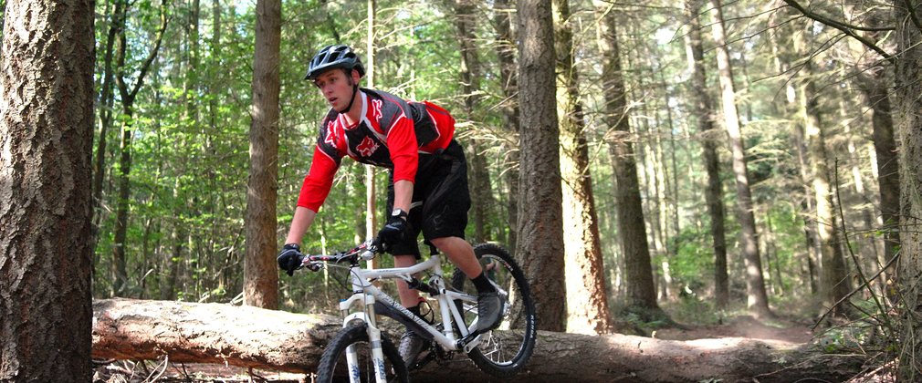 Individual mountain biking over rocks in the forest