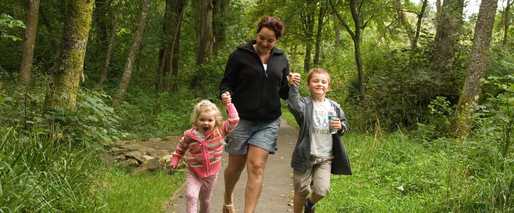 Young family walking through the green forest