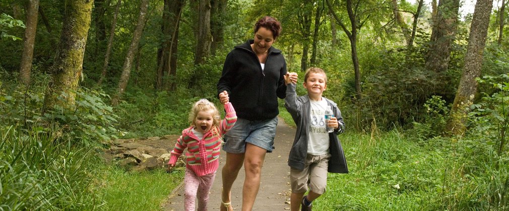 Young family walking through the green forest 