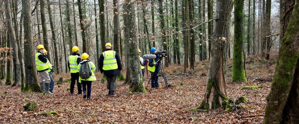 Filming in the forest Camera crew filming in the forest