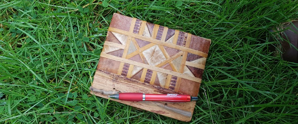 Notebook and pen on green grass