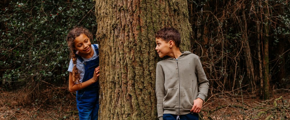 Two children looking at each other round a tree 