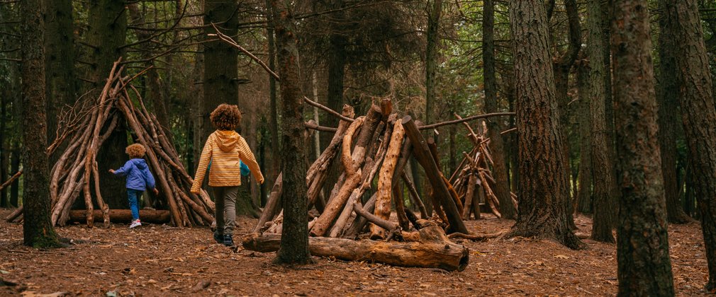two children playing in a den made of branches in a forest