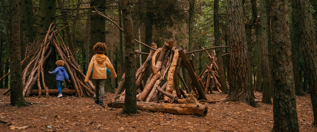 two children playing in a den made of branches in a forest