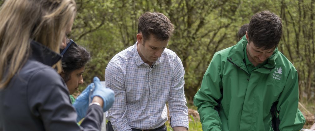 Four people outdoors undertaking conservation work at a table