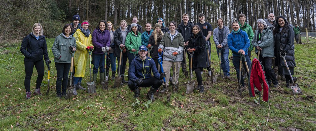 A large group of people stood in a forest