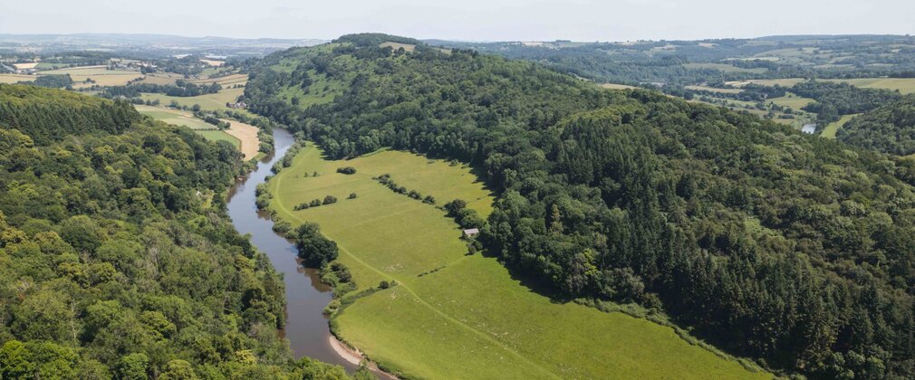 Aerial image of a river with forest on either side