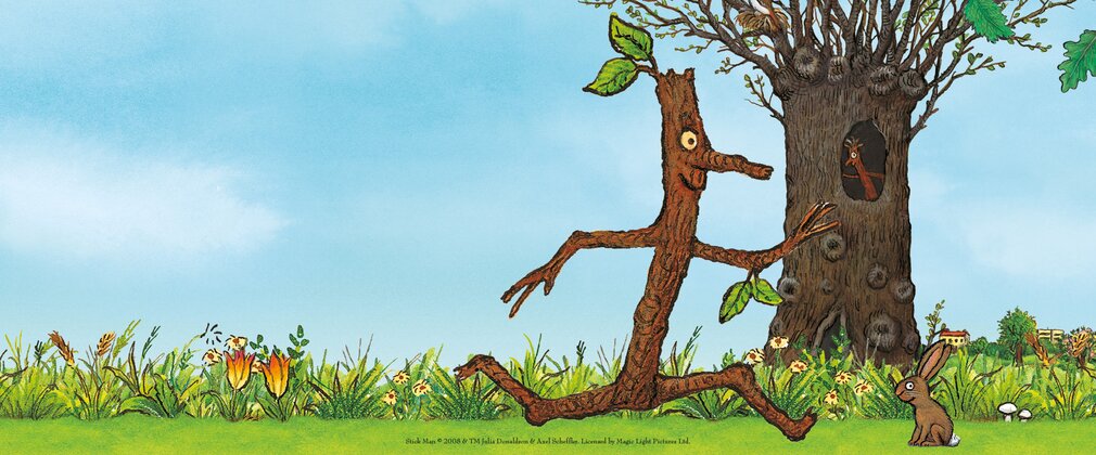 Stick man running through the forest