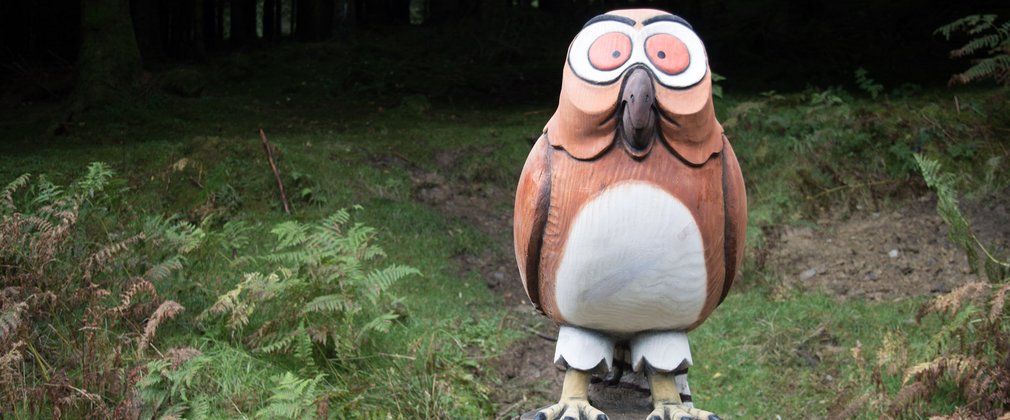 Owl sculpture in the woods, part of the Gruffalo sculpture series