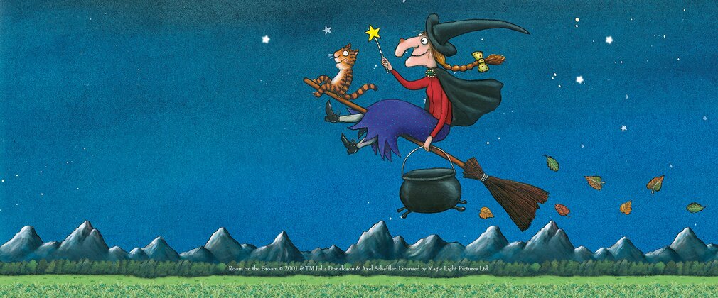 An illustration of the character Witch from Room on the Broom sat on a broom, flying across the night sky.