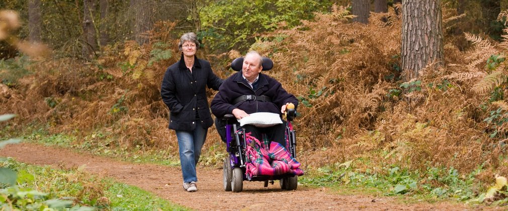 Easy access paths through the wood with man on tramper