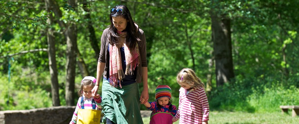 Family walking on a woodland walk