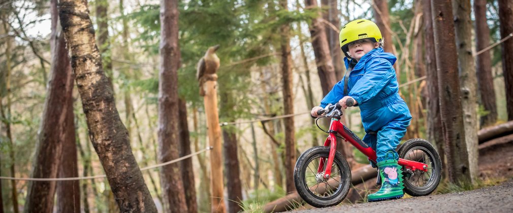 Child on balance bike in Hamsterley Forest