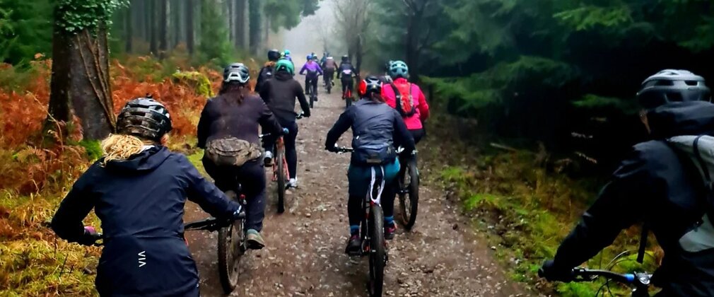 A group of women riding their mountain bikes through the Forest of Dean, viewed from behind