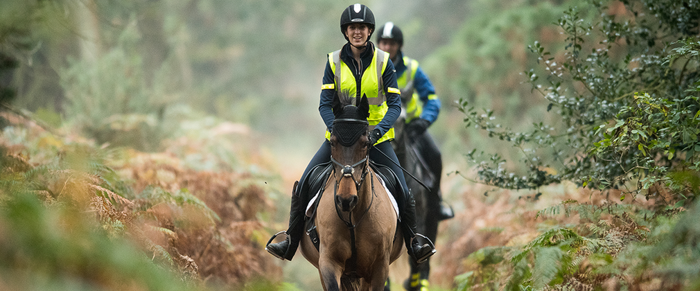 Two riders in high vis and helmets on horses on a forest path