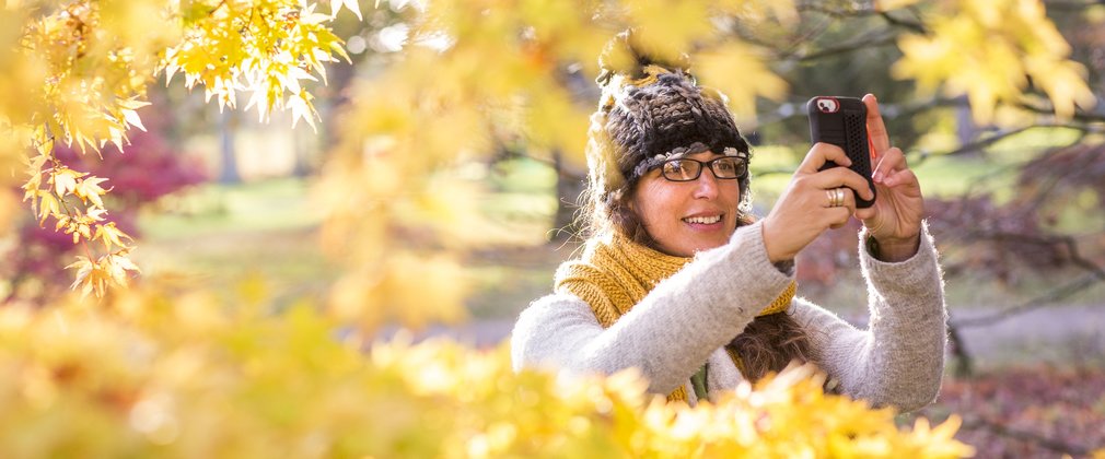 Woman using phone app in Autumn