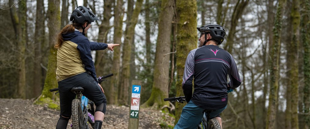 Two mountain bikers stopped by a waymarker post