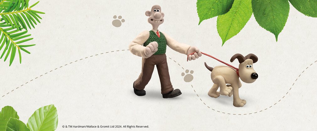 Wallace & Gromit walking with leaves around