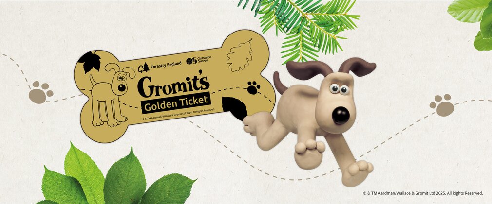 Banner depicting Aardman dog Gromit next to a golden bone saying 'Gromit's Golden Ticket'