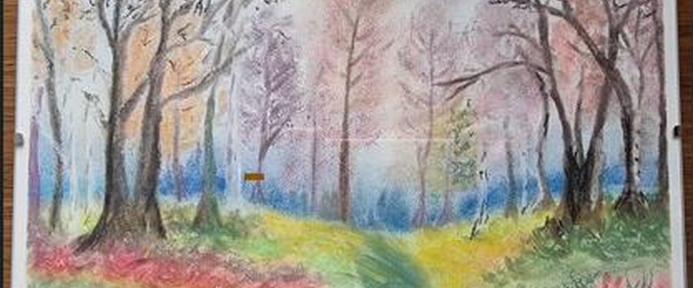 A drawn pastel woodland scene