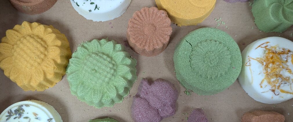 A selection of bath bombs taken from above 