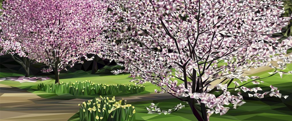 A painting of a bright pink cherry tree in bloom, made up of several traingles.